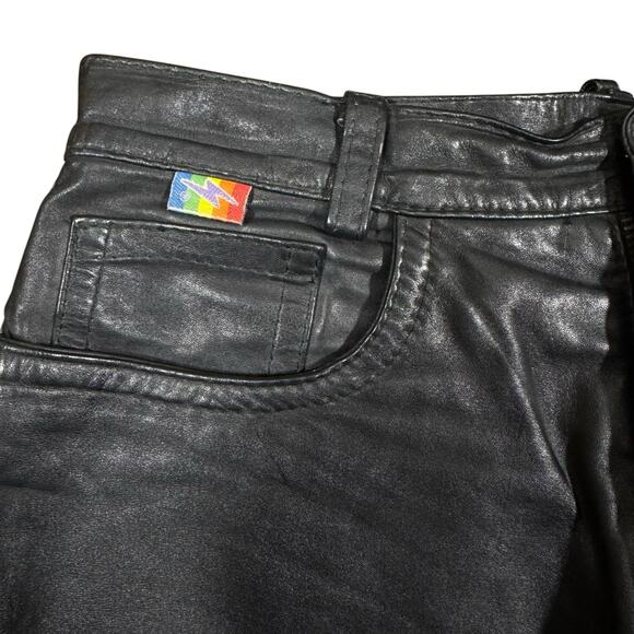 Vintage 1980s Leather Skirt Black Rainbow Patch Brazil Grunge Goth Punk Pride - Picture 3 of 8